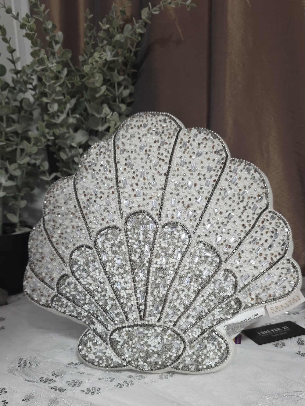 Beaded Shell Accent Pillow in White and Silver